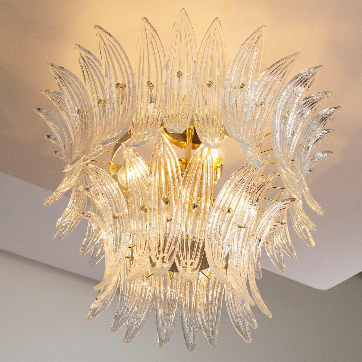 Handmade Murano Glass Palmette Chandelier, Italian Clear Ceiling Lamp, Venetian Design