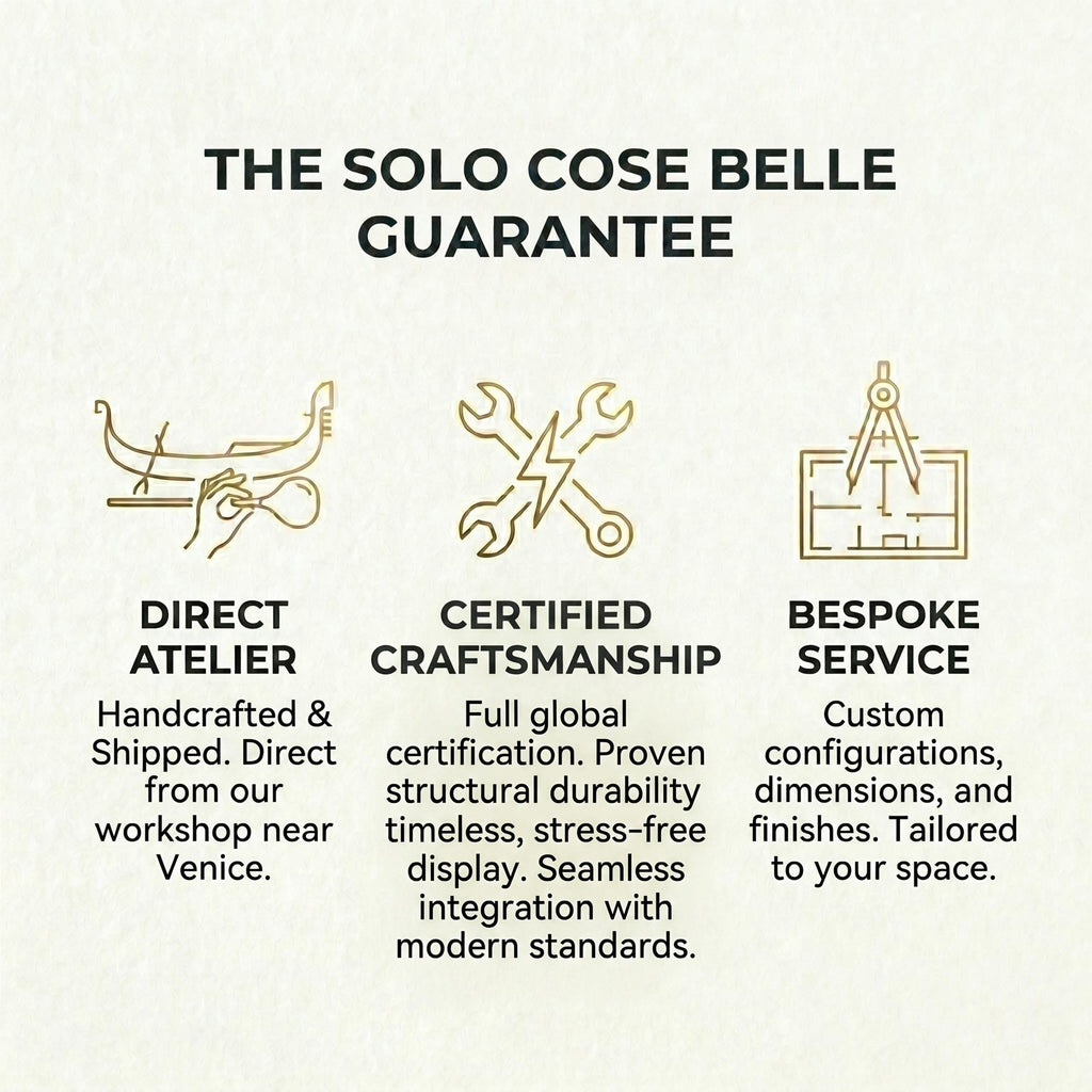The image is a visual representation of a guarantee offered by a company called "The Solo Cose Belle". It features three different types of guarantee services: Direct Atelier, Certified Craftsmanship, and bespoke Service, each represented by a stylized icon.
