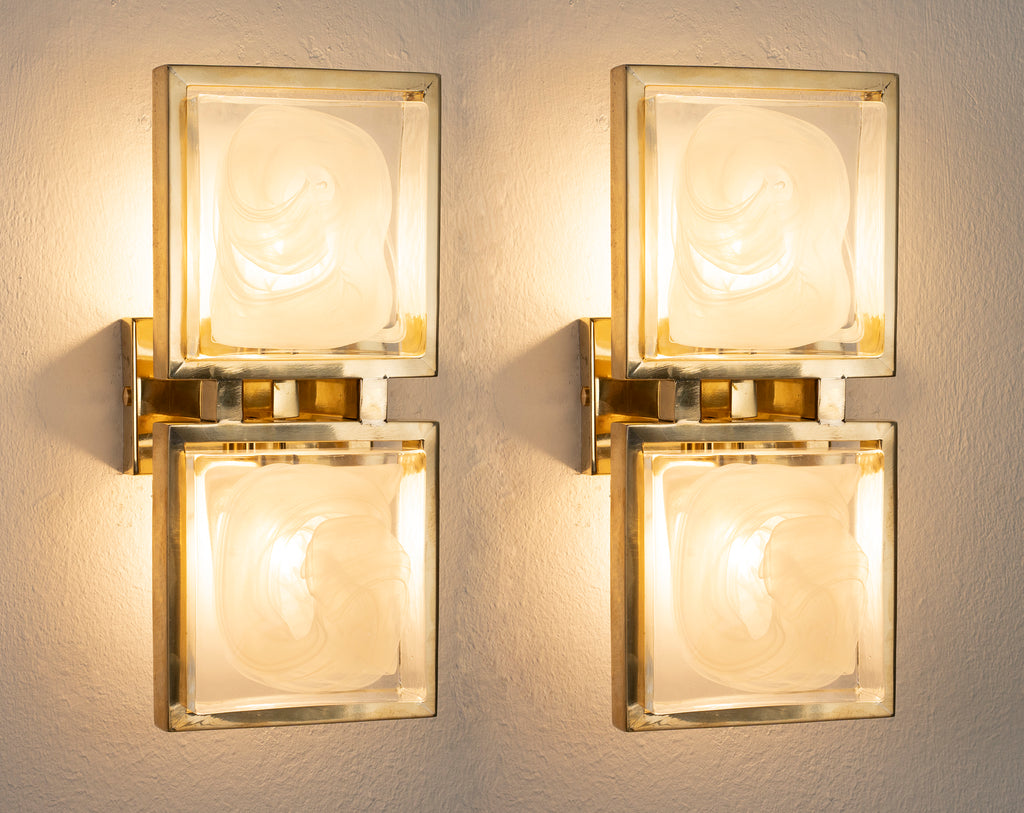 Set of 2 SoloCoseBelle wall sconces with Murano glass bricks and brass frames, modern accent lamps for stylish interior lighting.