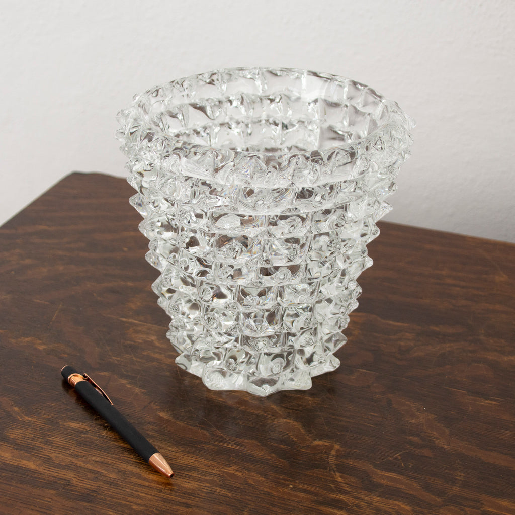 Clear Murano glass Rostrato vase by SoloCoseBelle, made in Italy, featuring a sleek, modern design with a smooth, transparent surface.