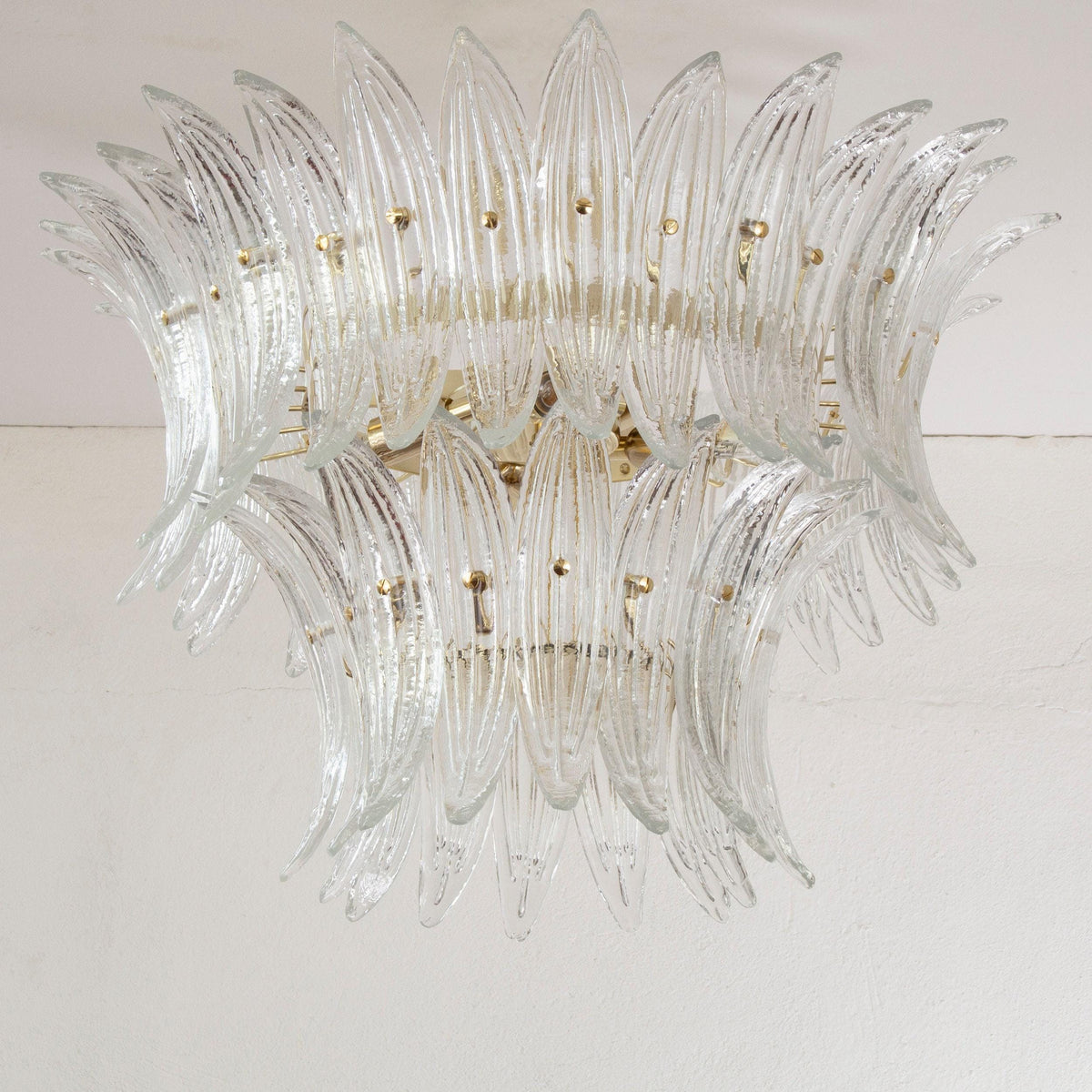 Handmade Murano Glass Palmette Chandelier, Italian Clear Ceiling Lamp, Venetian Design