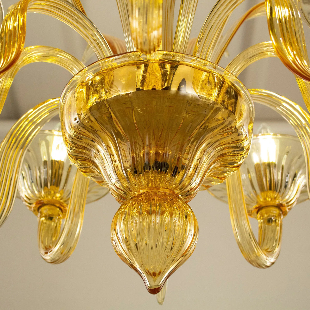 Amber Murano glass five-arm chandelier — lower glass bowl and finial