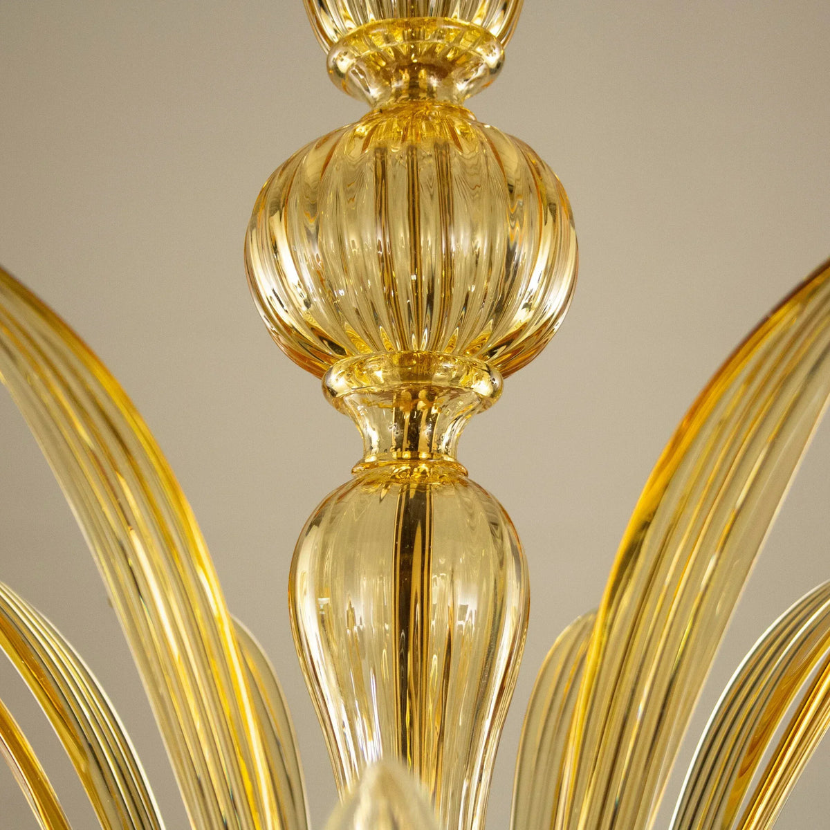 Amber Murano glass five-arm chandelier — ribbed glass stem