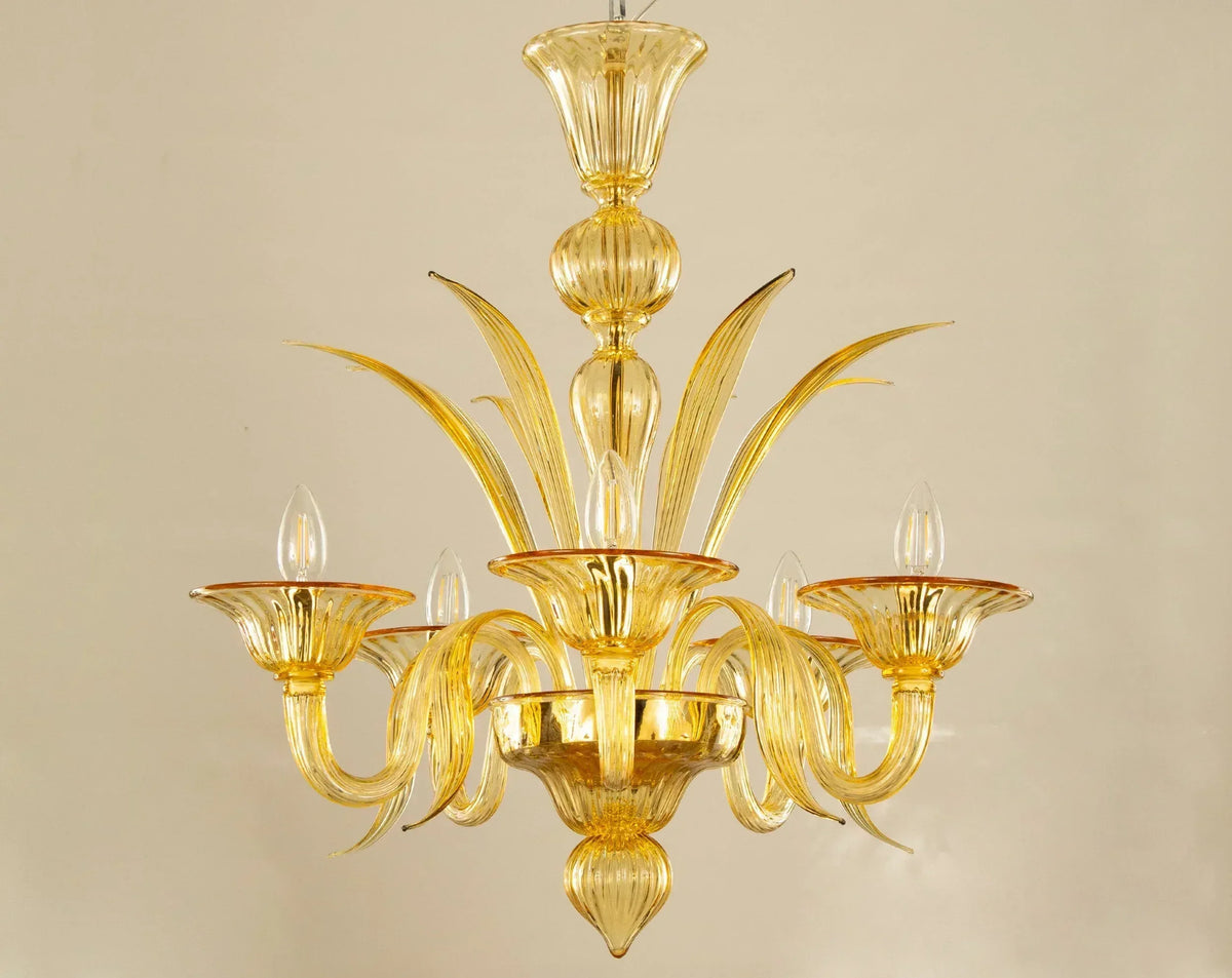 Amber Murano glass five-arm chandelier — unlit front view