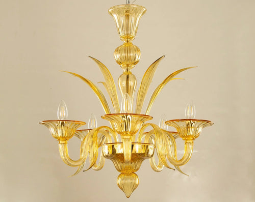 Amber Murano glass five-arm chandelier — unlit front view
