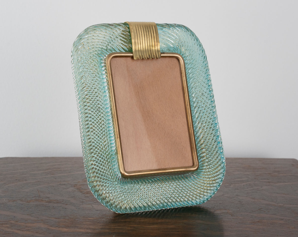 Aquamarine twisted Murano glass picture frame with gold leaf and brass band, 25x19 cm