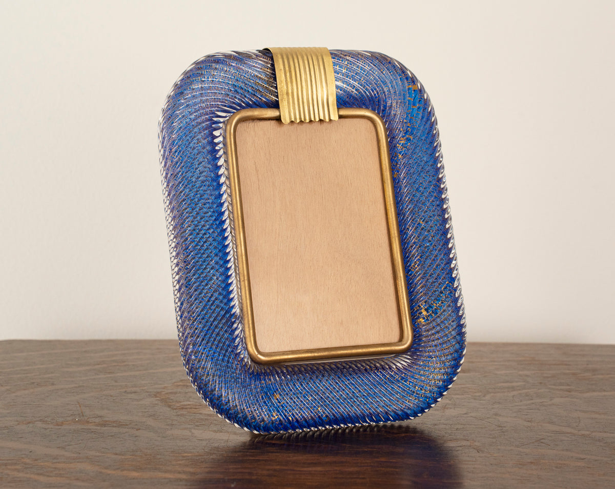 Blue twisted Murano glass picture frame with brass band, 25x19 cm