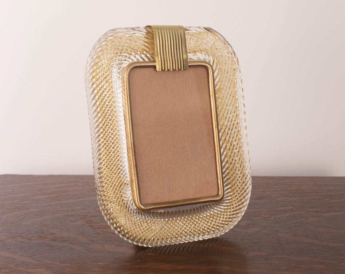 Clear Murano glass picture frame with gold leaf and brass band, 25x19 cm