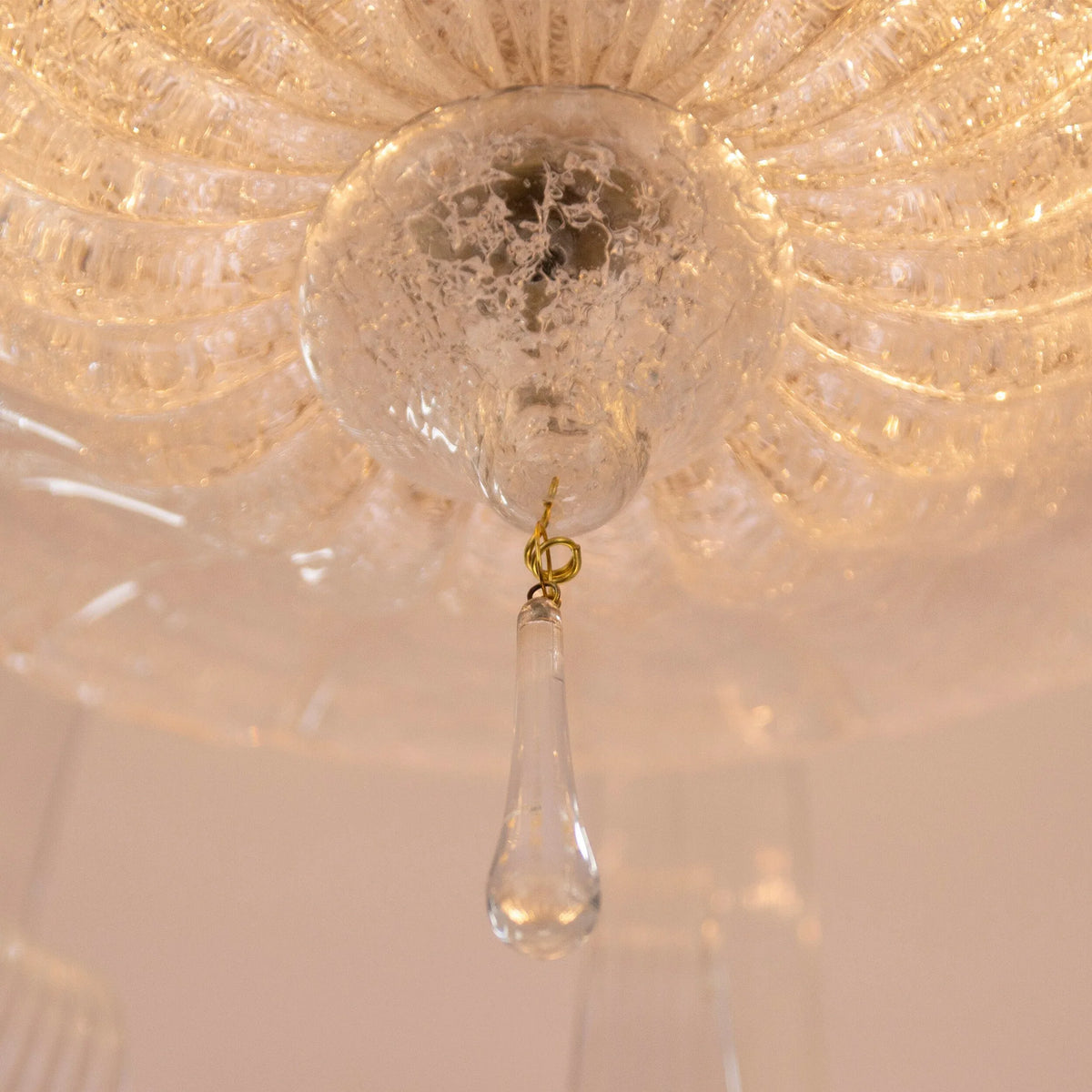 Clear Murano glass ceiling lamp with leaves and drops — textured central bowl and hanging drop