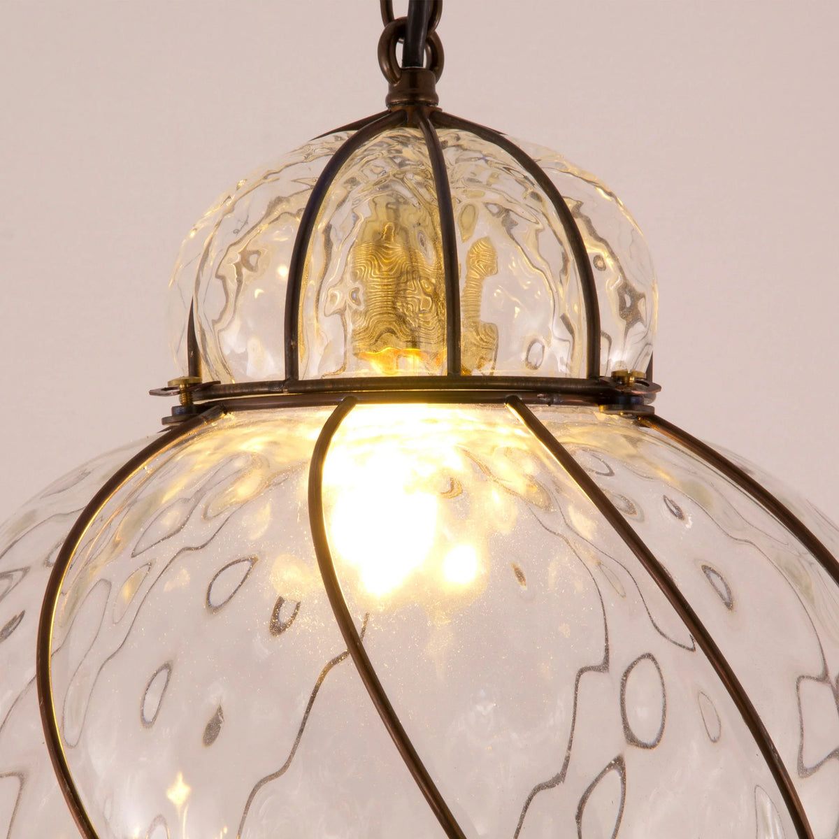 Clear Murano glass lantern pendant — upper glass dome and metal cage