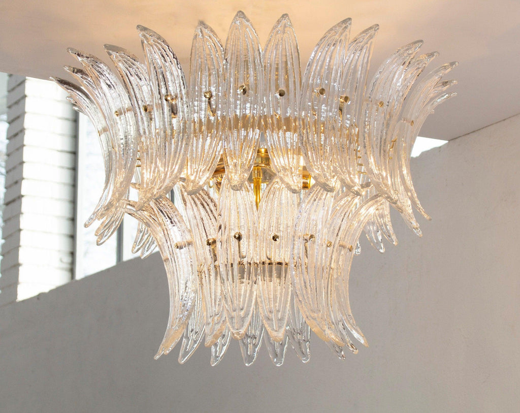 Clear Murano glass leaf ceiling lamp — illuminated front view