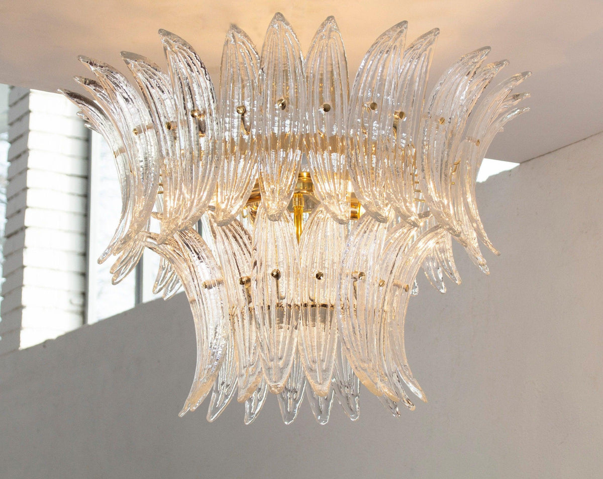 Clear Murano glass leaf ceiling lamp — illuminated front view