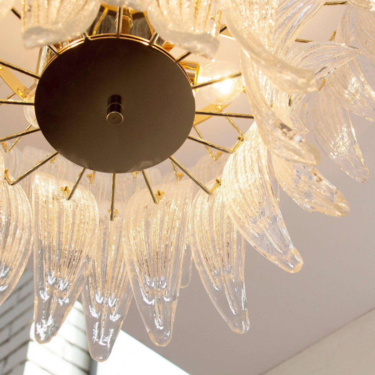 Clear Murano glass leaf ceiling lamp — glass leaves around the metal plate