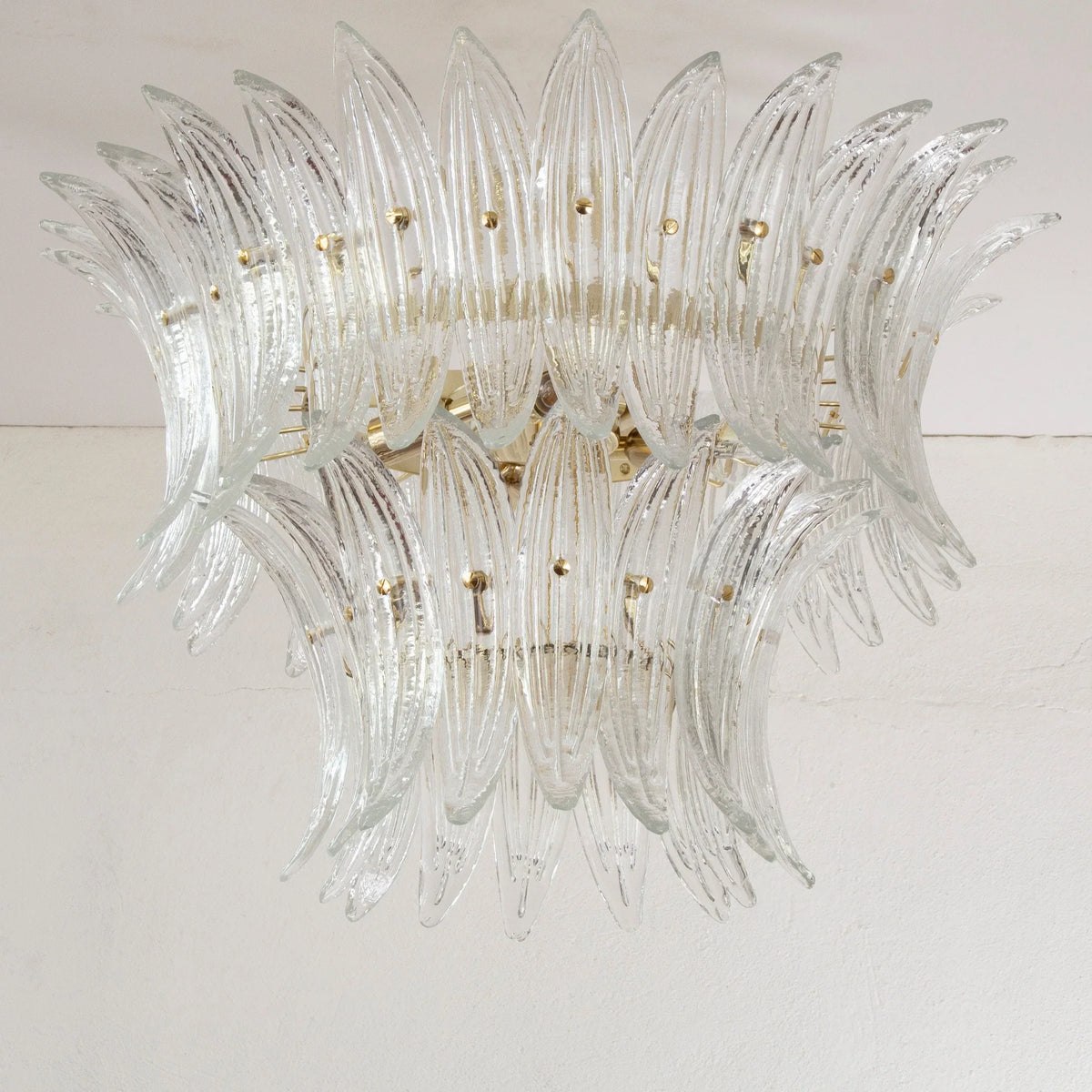 Clear Murano glass leaf ceiling lamp — unlit angled view