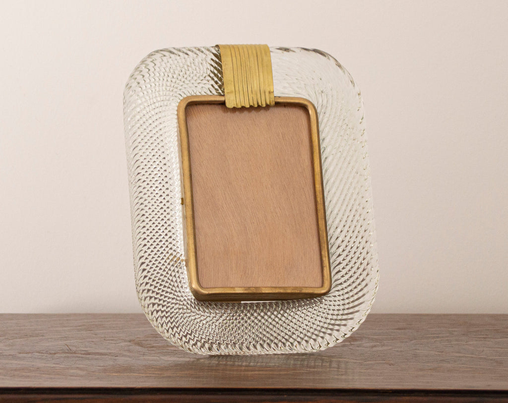 Clear twisted Murano glass picture frame with brass band, 25x19 cm, front view
