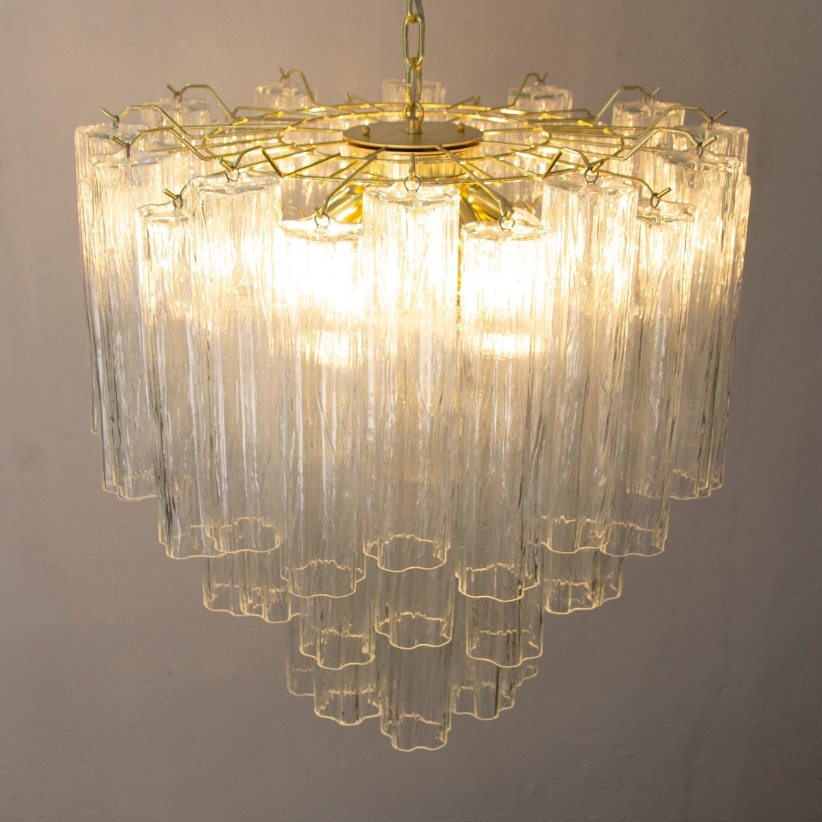 Clear Tronchi Murano glass chandelier — upper frame and glass tubes