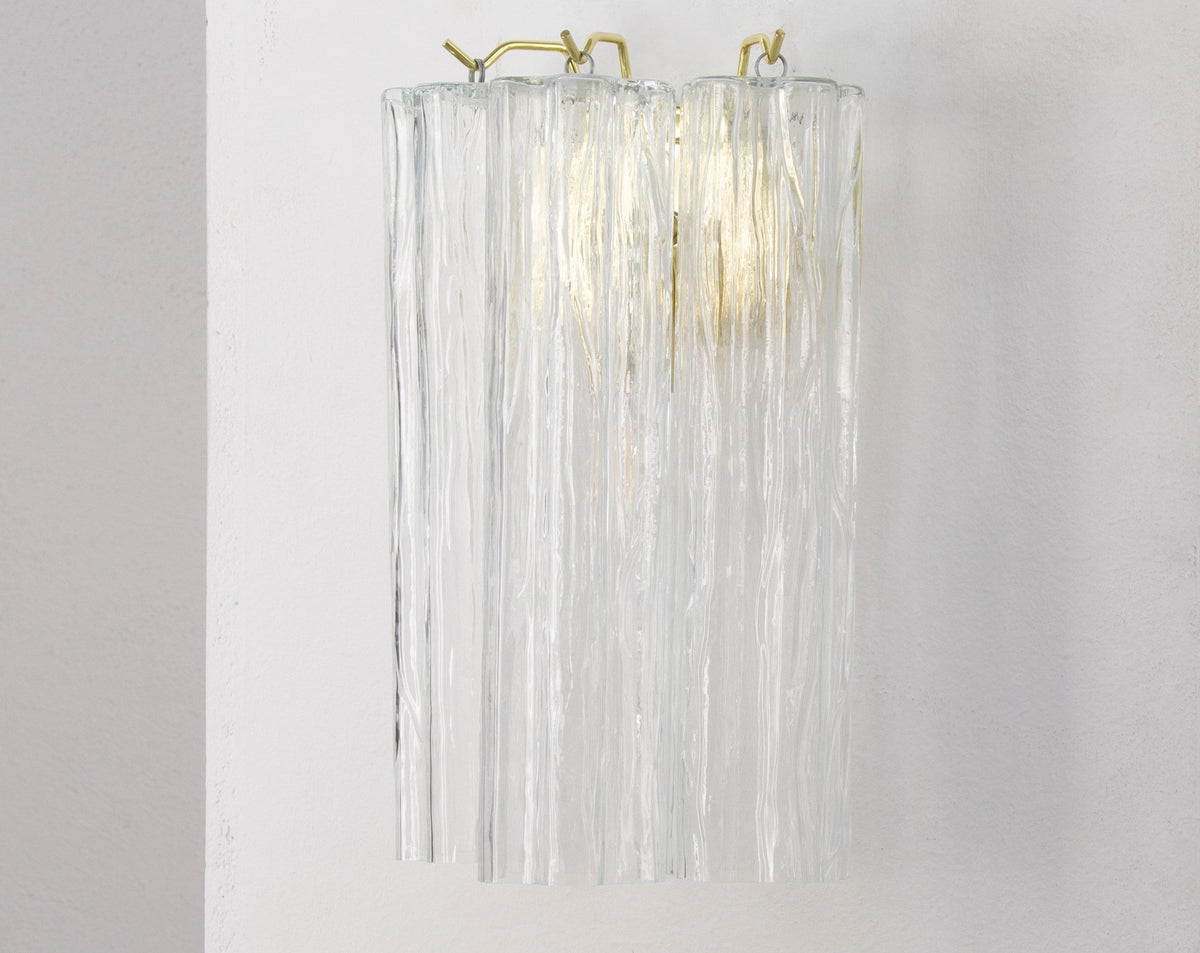 Clear Tronchi Murano glass wall lamp — unlit angled view