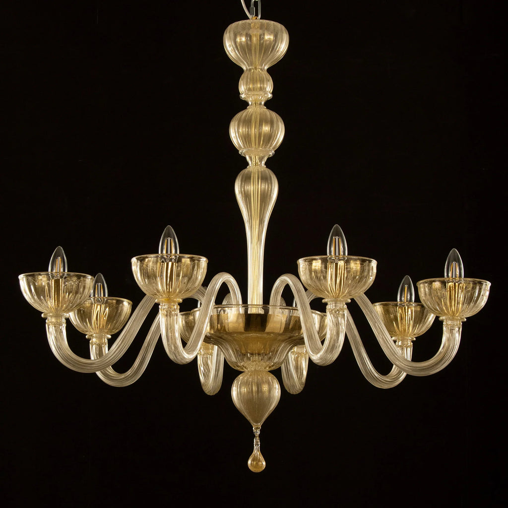 Gold-toned Murano glass eight-arm chandelier — unlit full view