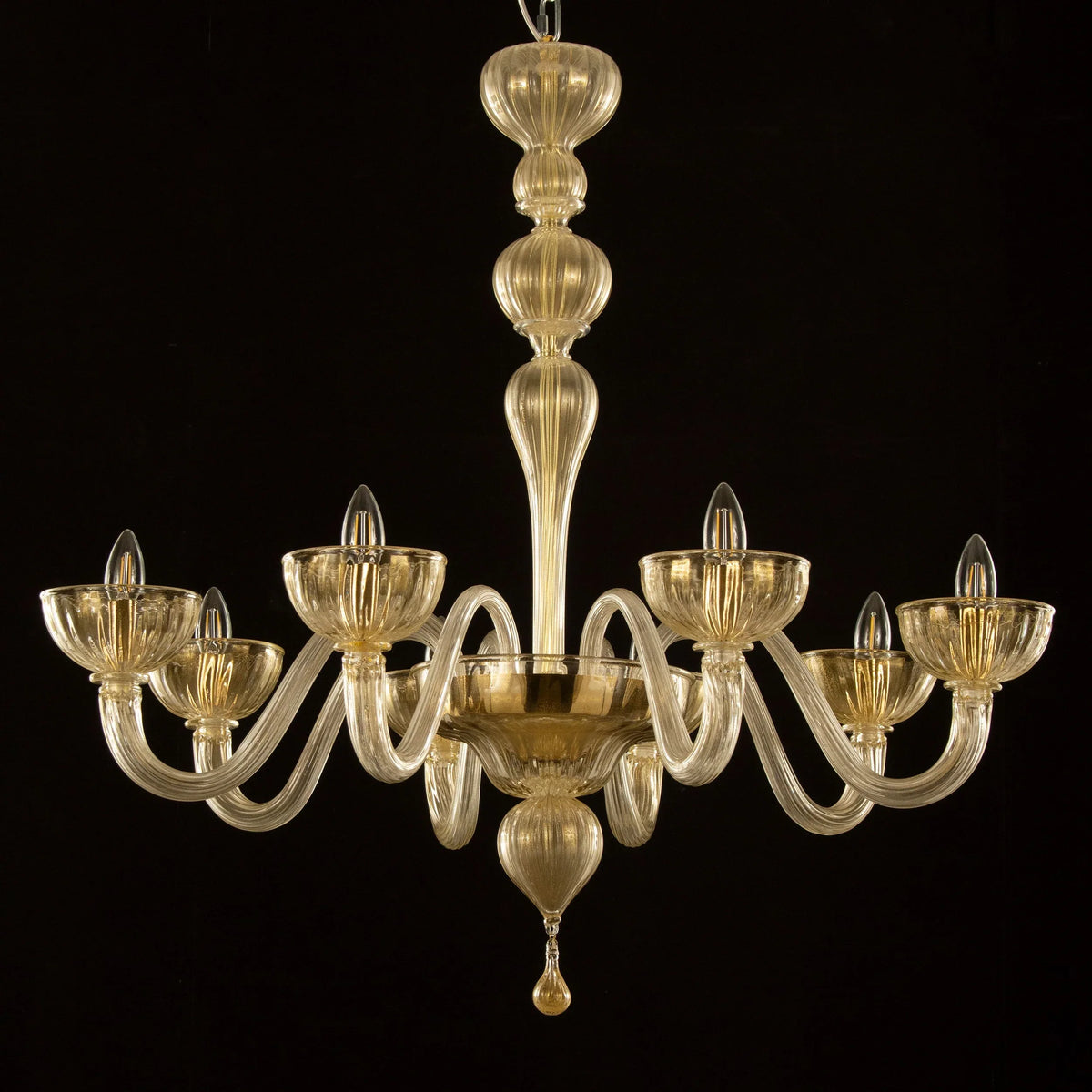 Gold-toned Murano glass eight-arm chandelier — unlit full view