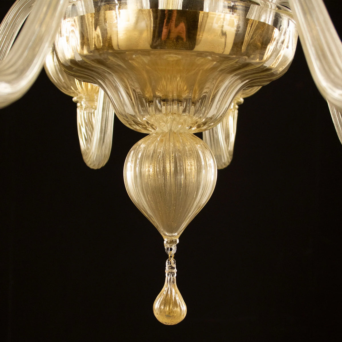 Gold-toned Murano glass eight-arm chandelier — lower glass bowl and hanging drop