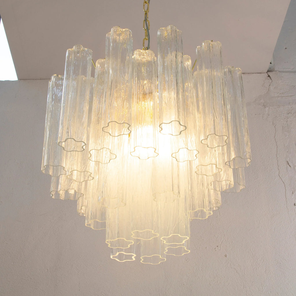 Murano Glass Chandelier, Italian Tronchi Design, Clear Glass - SoloCoseBelle