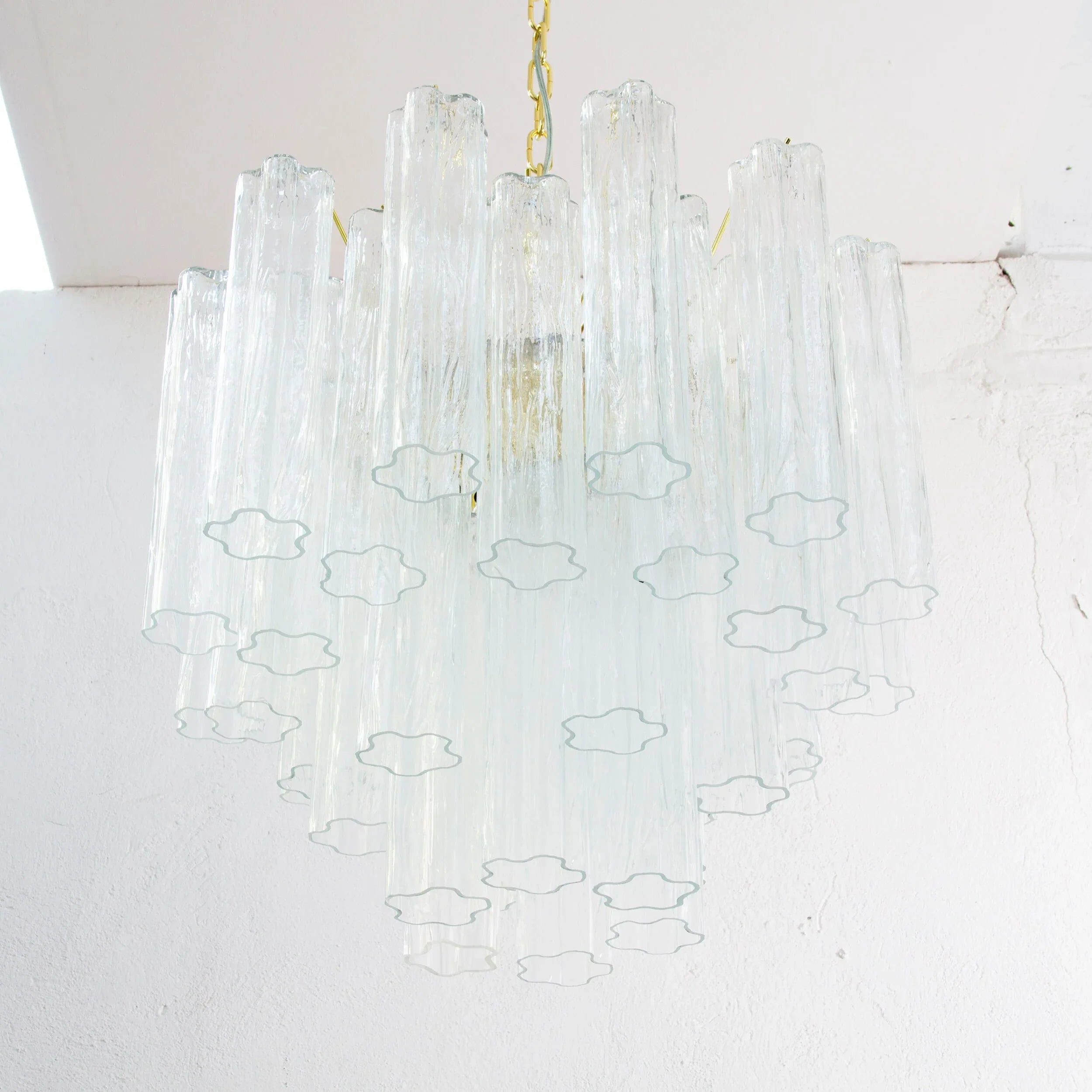 Murano Glass Chandelier, Italian Tronchi Design, Clear Glass - SoloCoseBelle