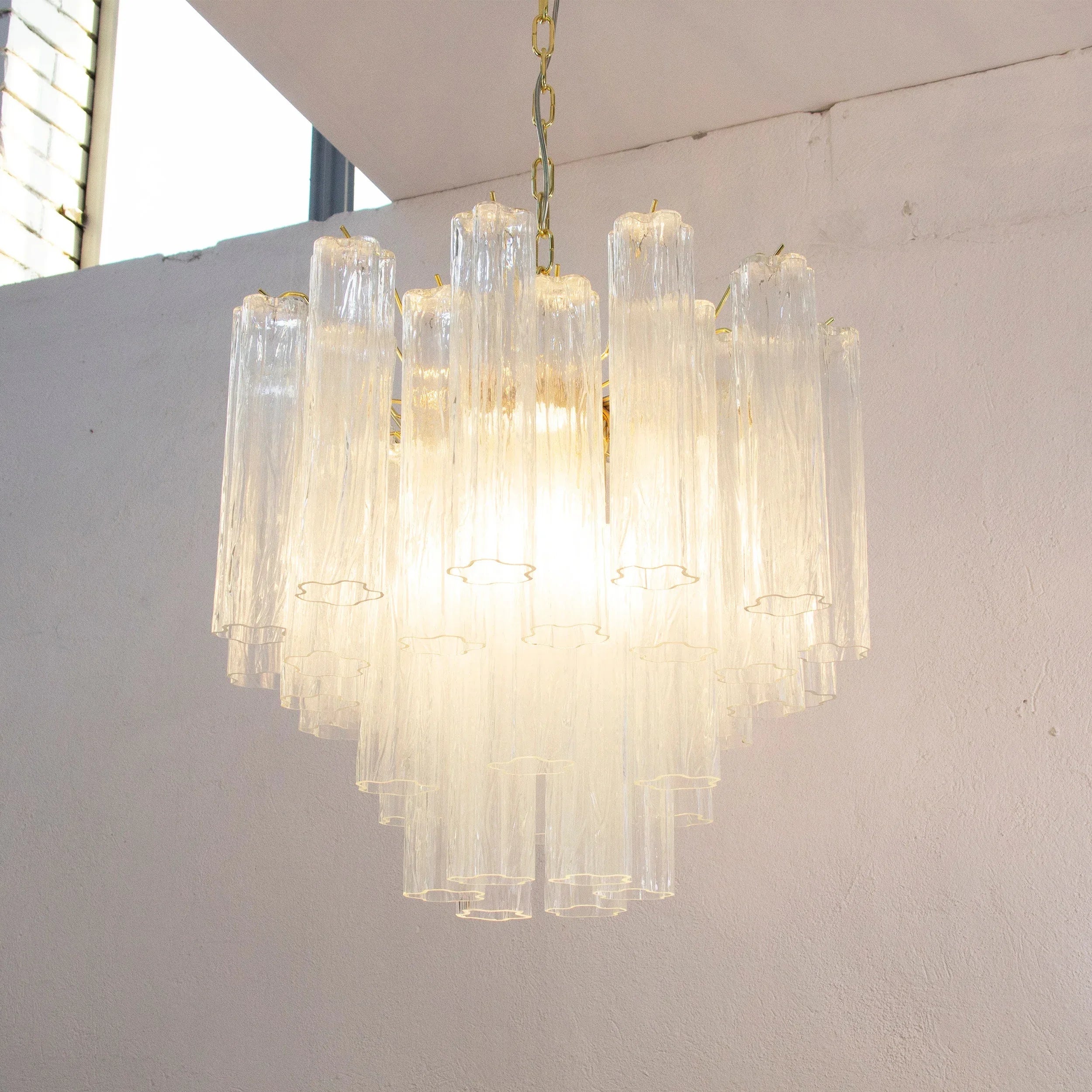 Murano Glass Chandelier, Italian Tronchi Design, Clear Glass - SoloCoseBelle