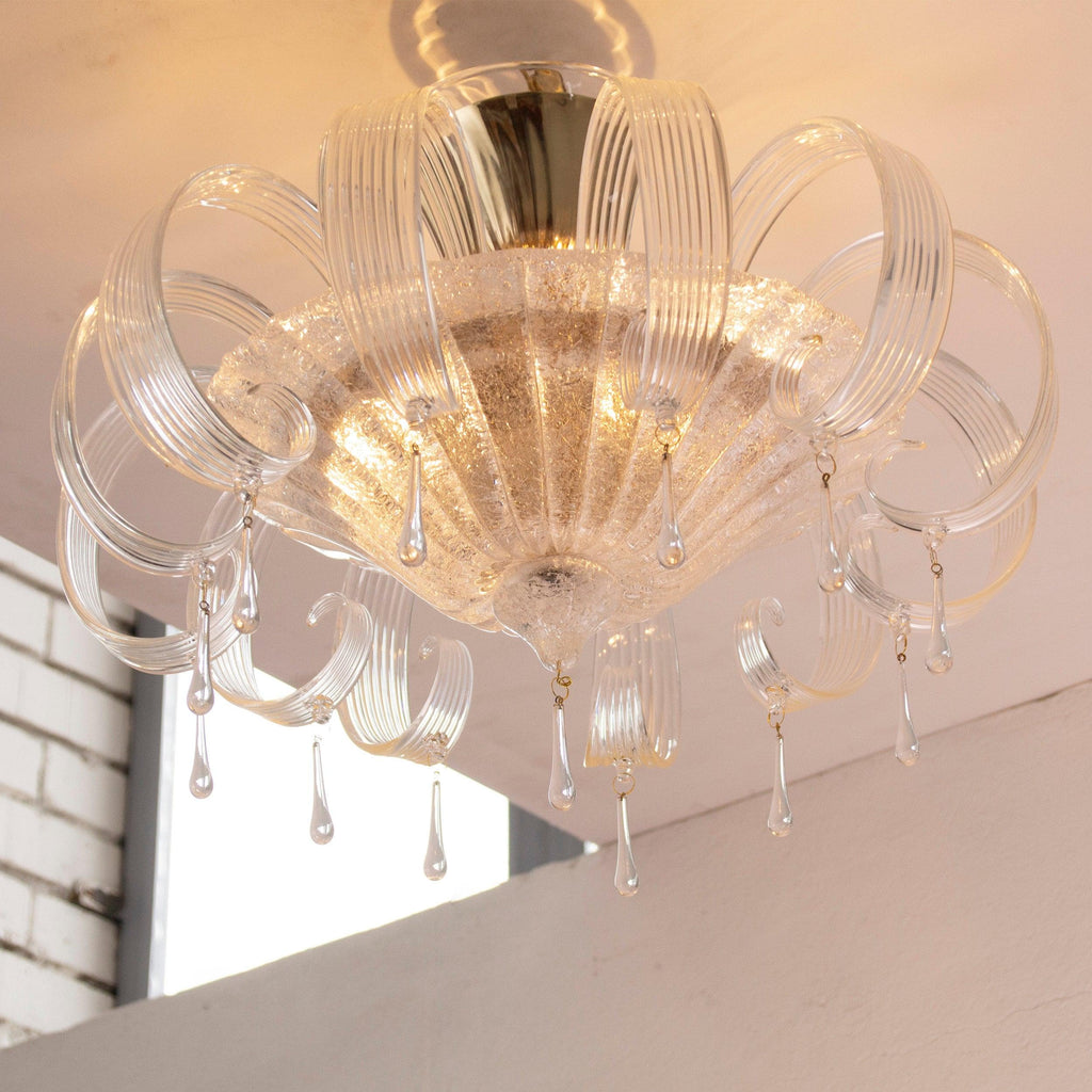 Murano glass ceiling lamp clear color with handmade leaves and drops - SoloCoseBelle