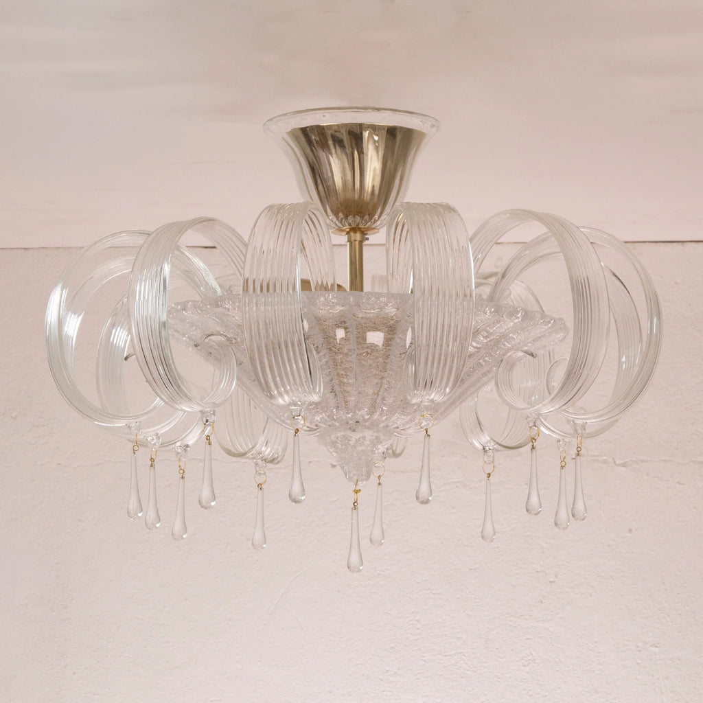 Murano glass ceiling lamp clear color with handmade leaves and drops - SoloCoseBelle