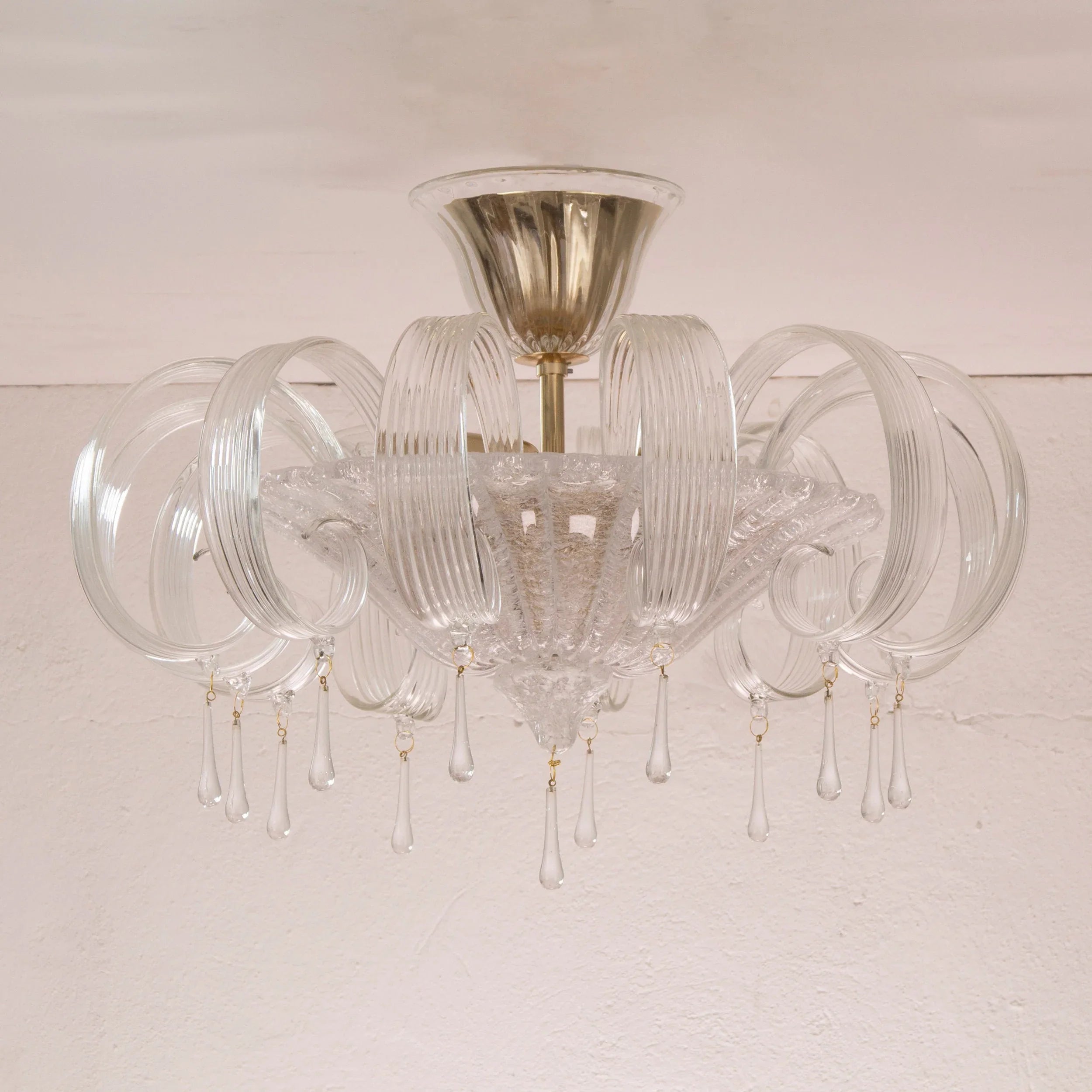 Murano glass ceiling lamp clear color with handmade leaves and drops - SoloCoseBelle