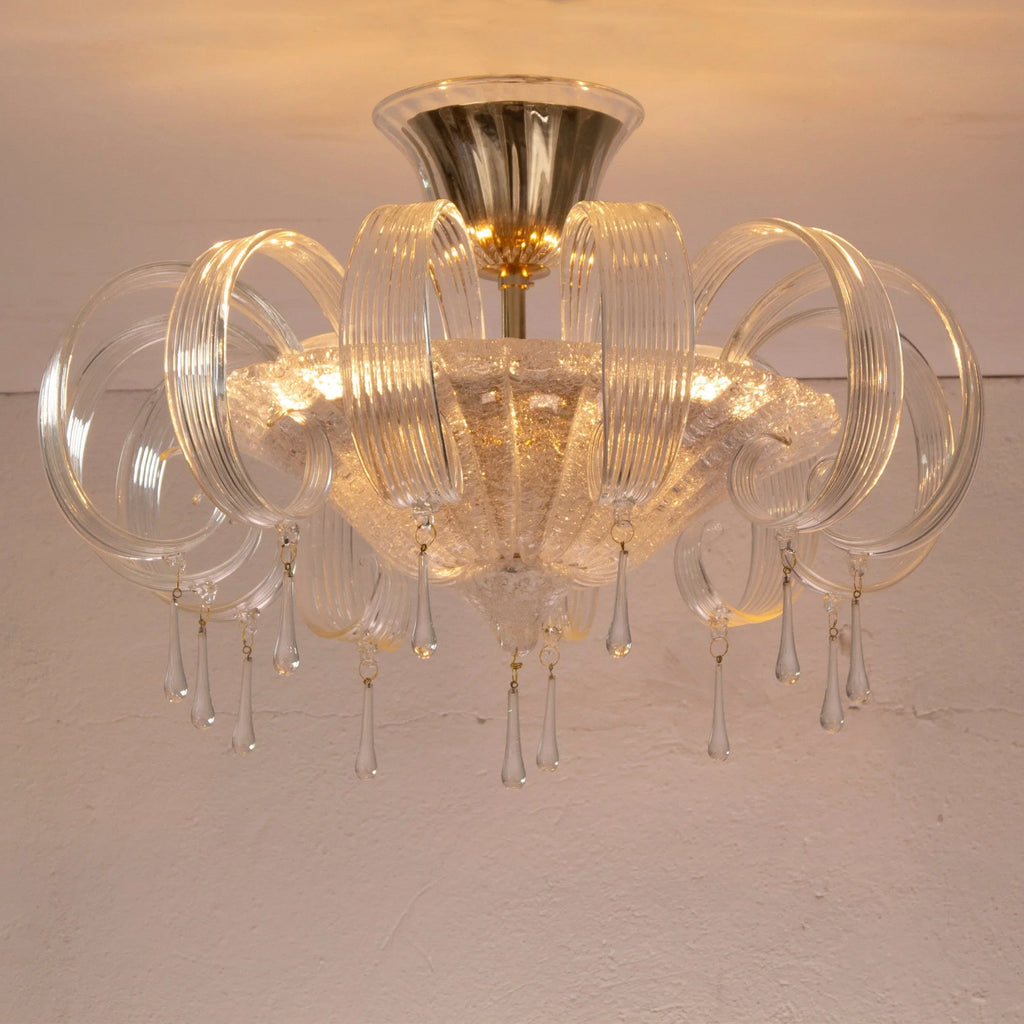 Murano glass ceiling lamp clear color with handmade leaves and drops - SoloCoseBelle