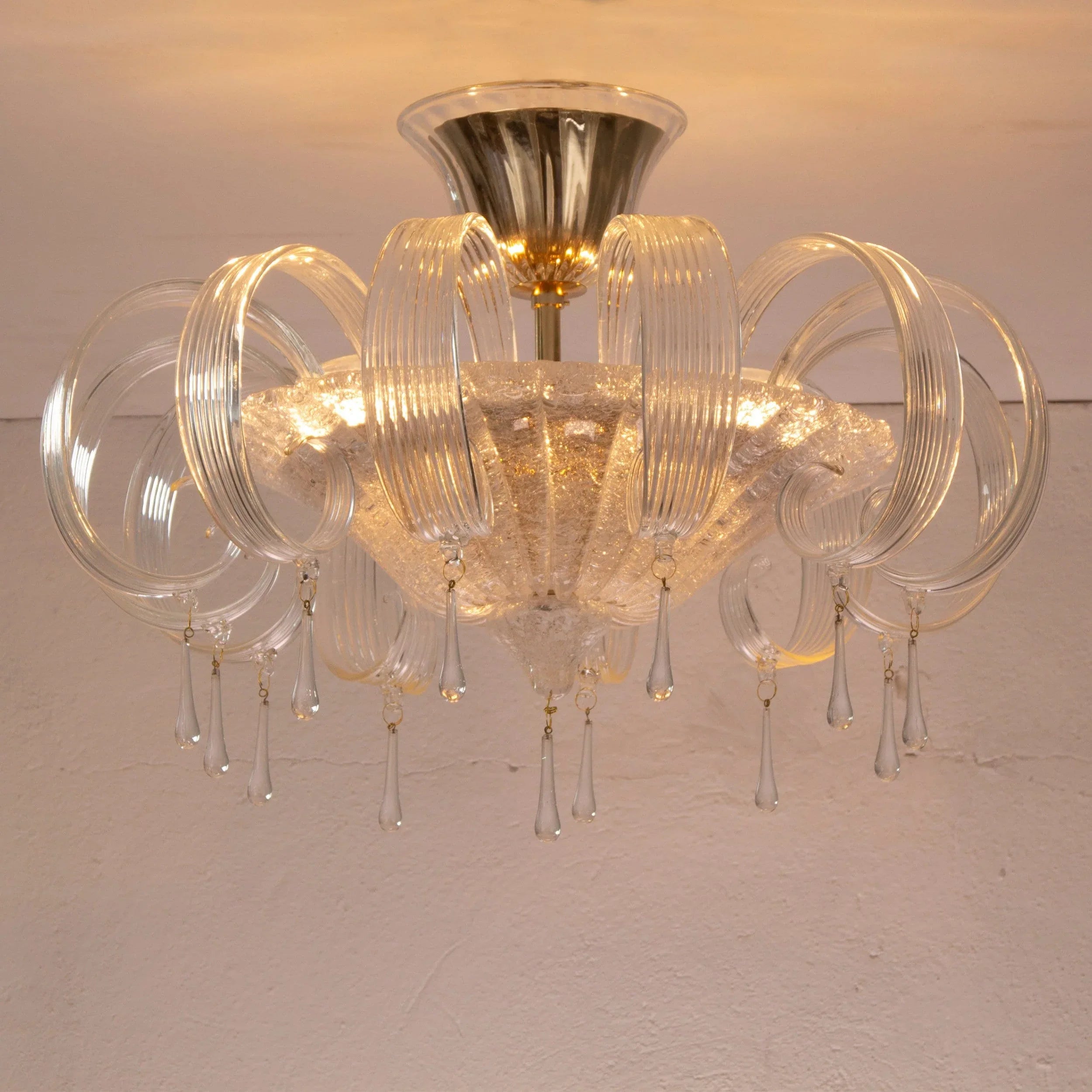 Murano glass ceiling lamp clear color with handmade leaves and drops - SoloCoseBelle