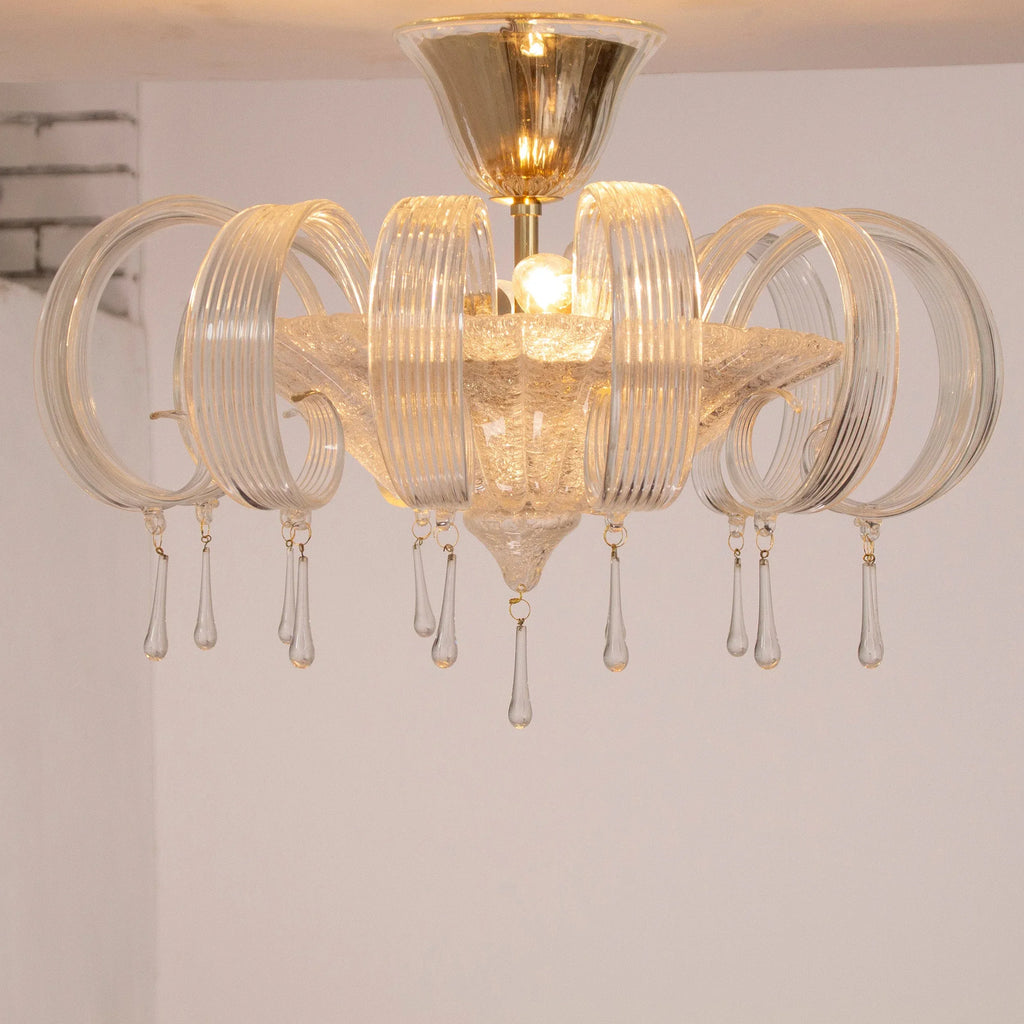 Murano glass ceiling lamp clear color with handmade leaves and drops - SoloCoseBelle
