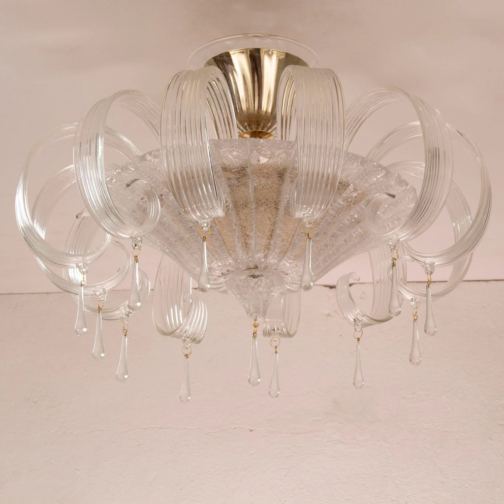 Murano glass ceiling lamp clear color with handmade leaves and drops - SoloCoseBelle