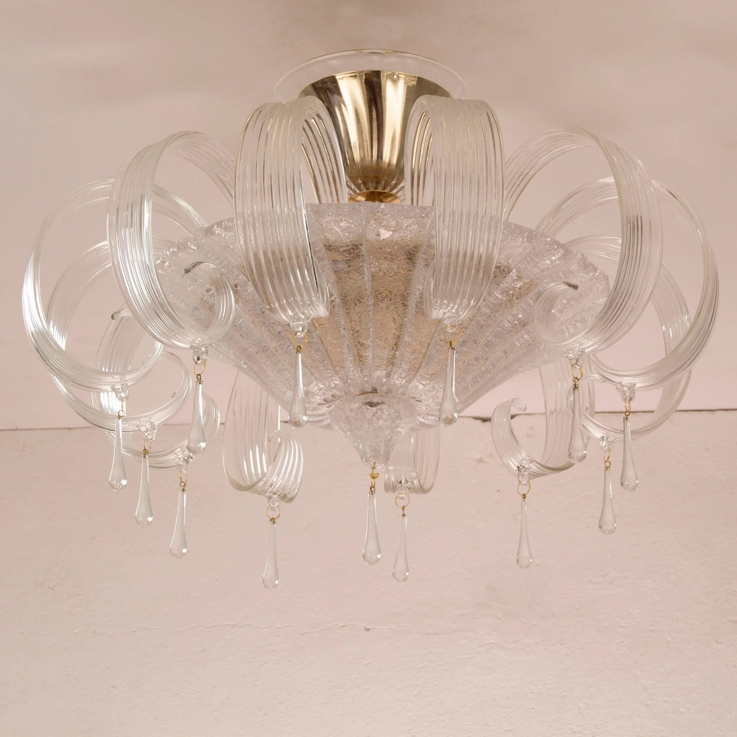 Murano glass ceiling lamp clear color with handmade leaves and drops - SoloCoseBelle