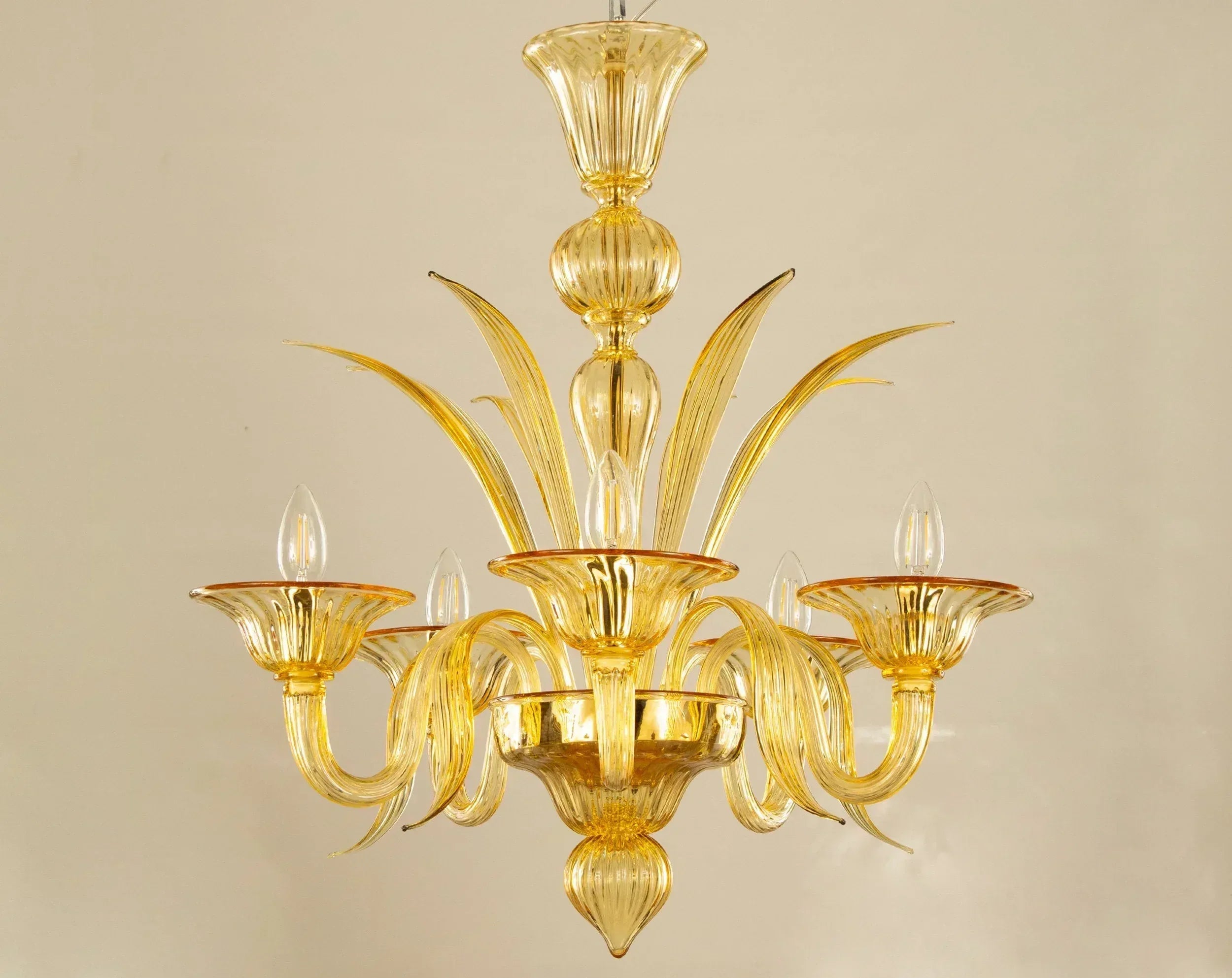 Artistic Murano glass chandelier amber color, 5 lights, handmade in Italy - SoloCoseBelle