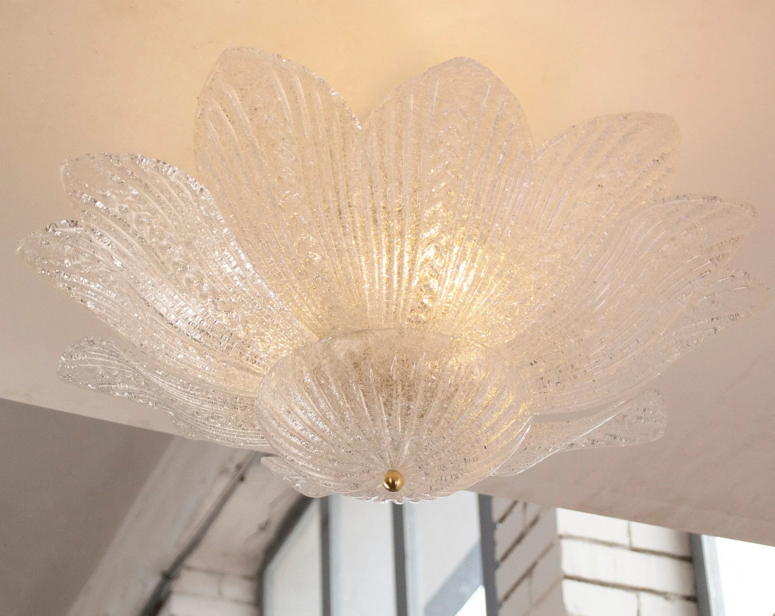 Clear Murano glass ceiling lamp, handcrafted leaves with grit - SoloCoseBelle