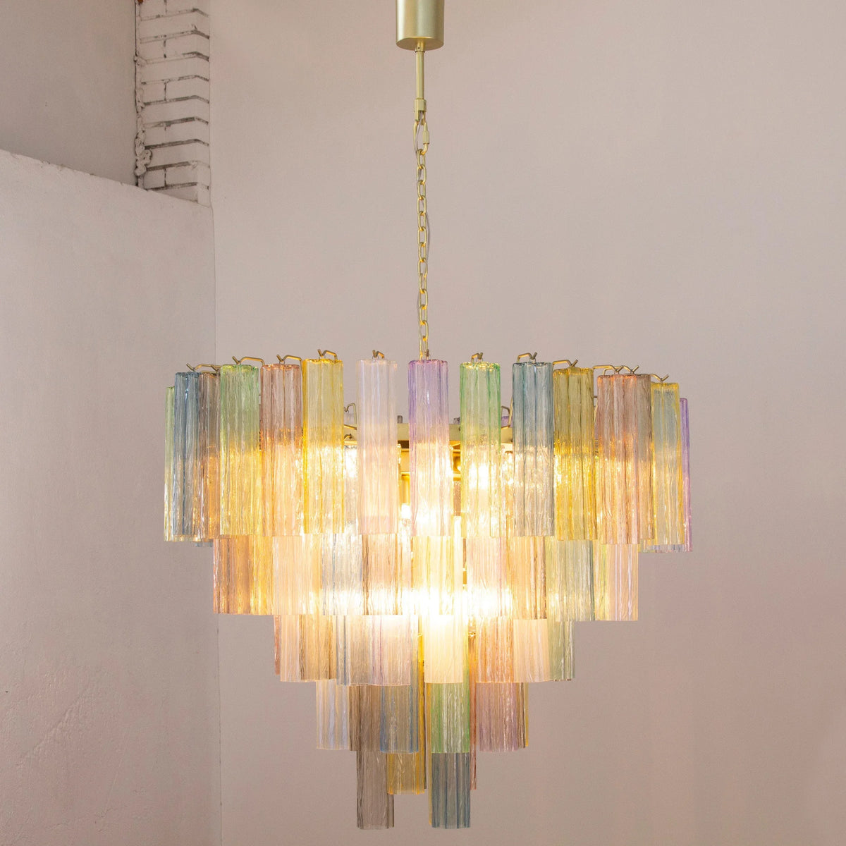Multicolour Tronchi Murano glass chandelier — illuminated full view