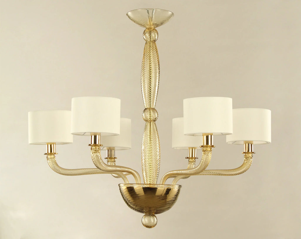 Murano glass chandelier with ivory lampshades — front view with twisted glass arms
