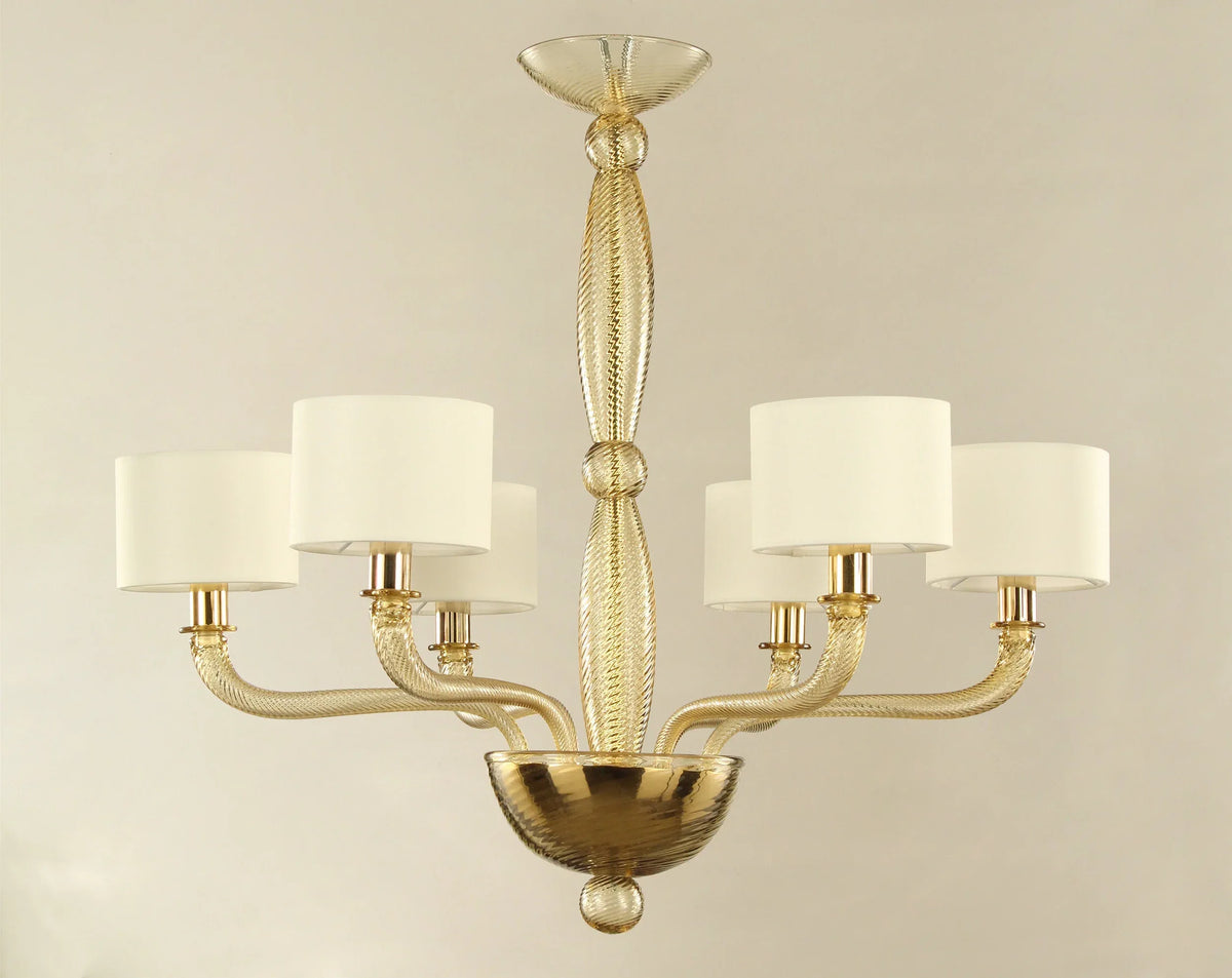 Murano glass chandelier with ivory lampshades — front view with twisted glass arms