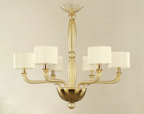 Murano glass chandelier with ivory lampshades — front view with twisted glass arms