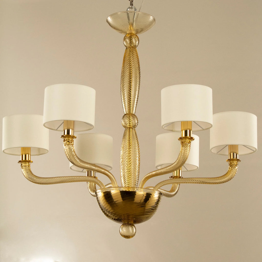 Murano glass chandelier with ivory lampshades — full view of six lampshades