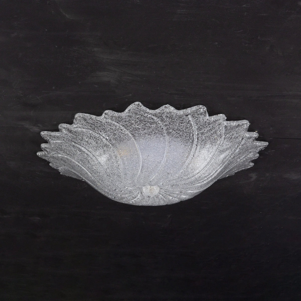 Frosted clear Murano glass flush ceiling lamp with scalloped edge, on a black background