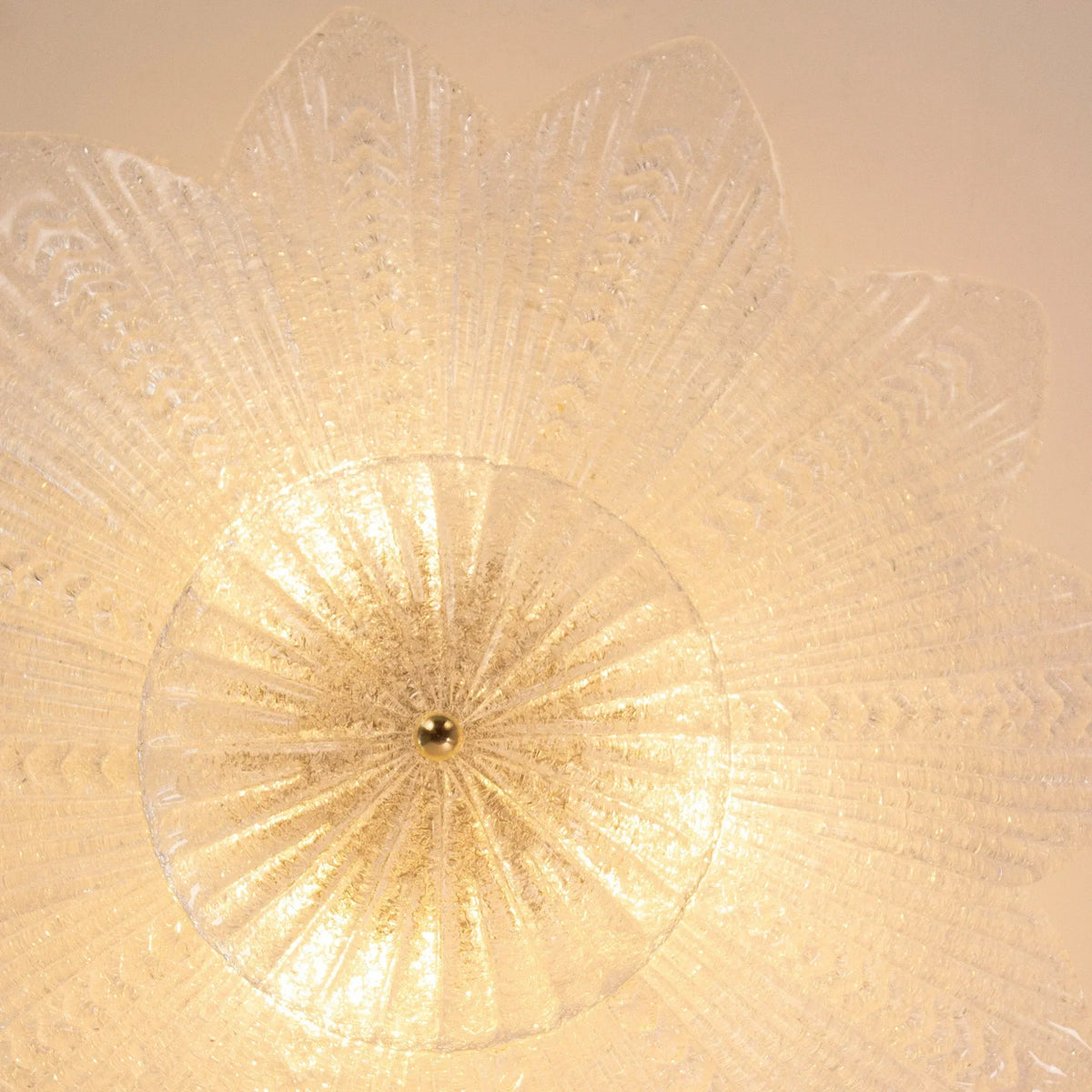 Clear Murano glass leaf ceiling lamp with graniglia texture, lit, view from directly below