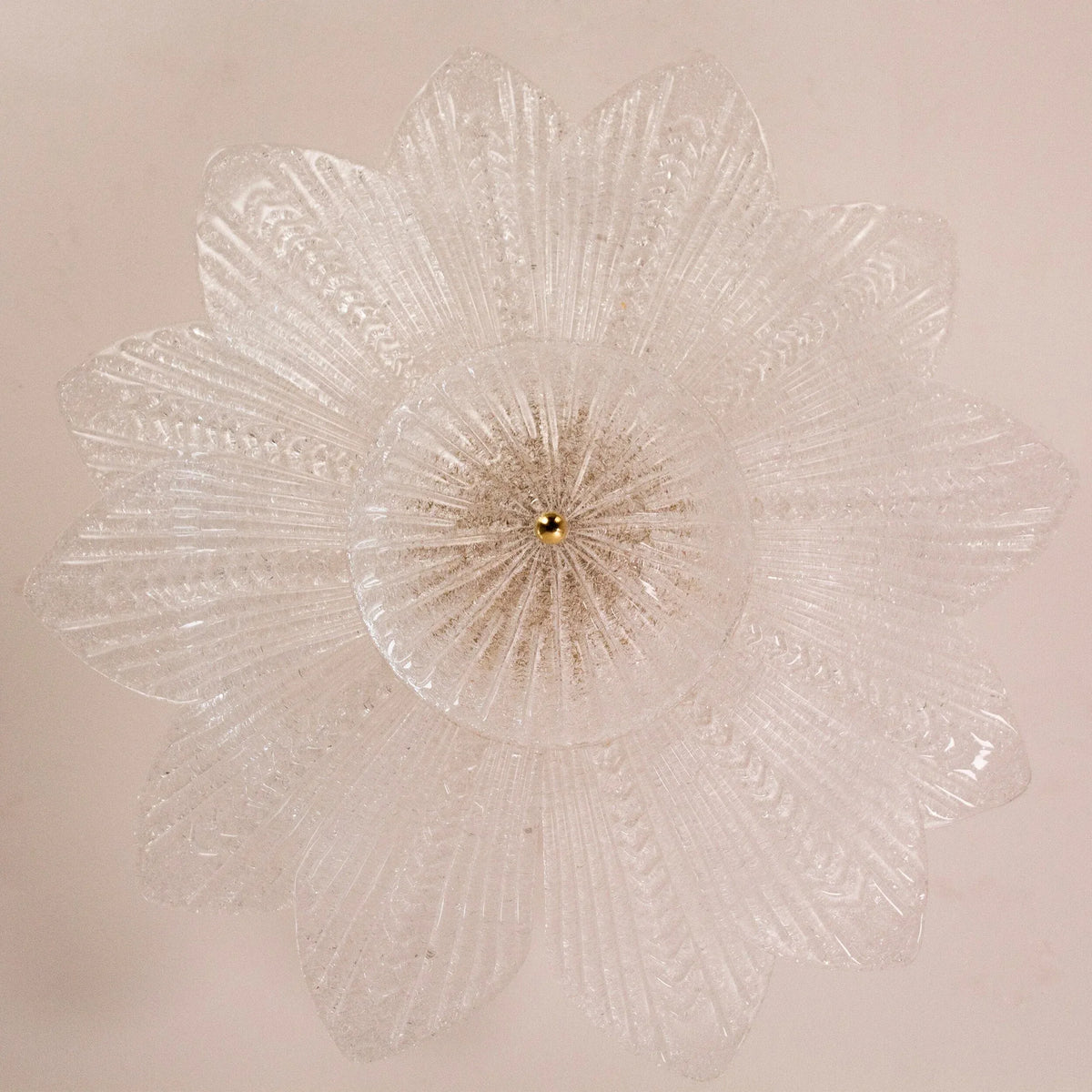 Clear Murano glass leaf ceiling lamp with graniglia texture, unlit, view from directly below