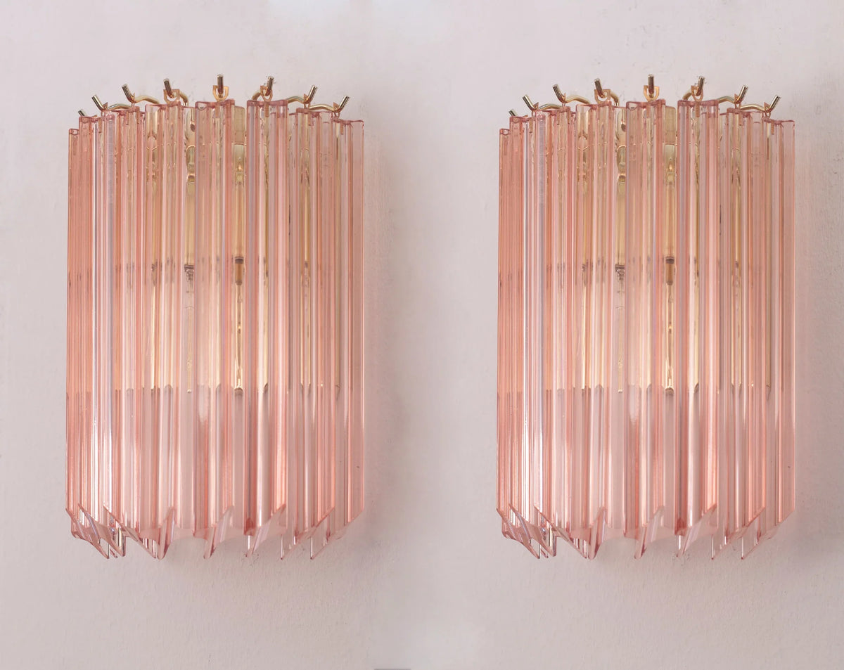 Pair of pink Murano glass Quadriedri wall sconces with brass frame, front view