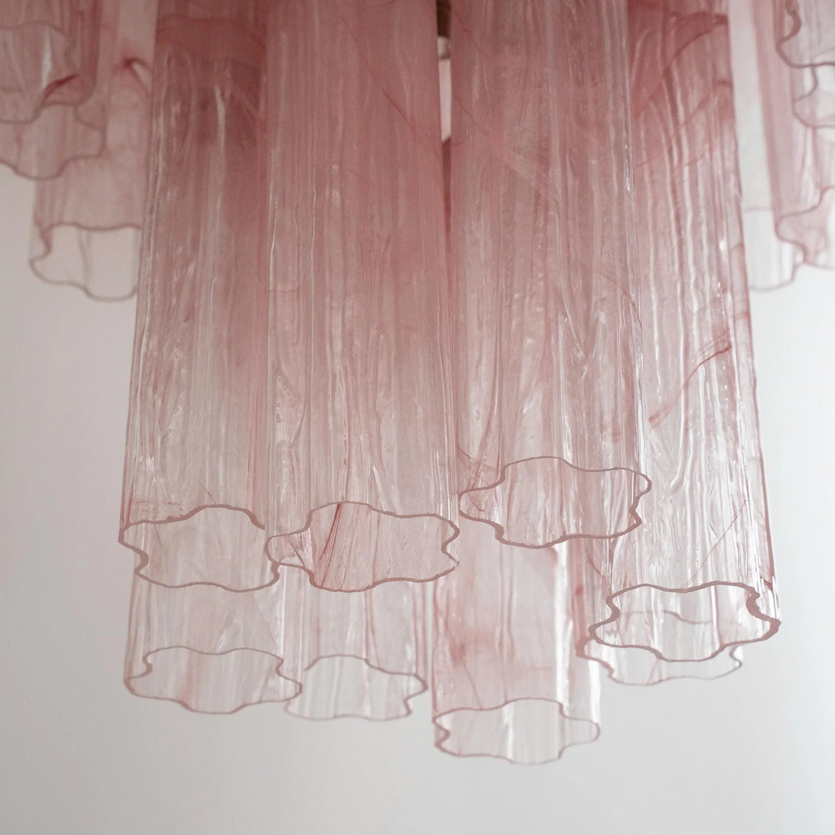 Pink Tronchi Murano glass chandelier — detail of lower glass tube edges