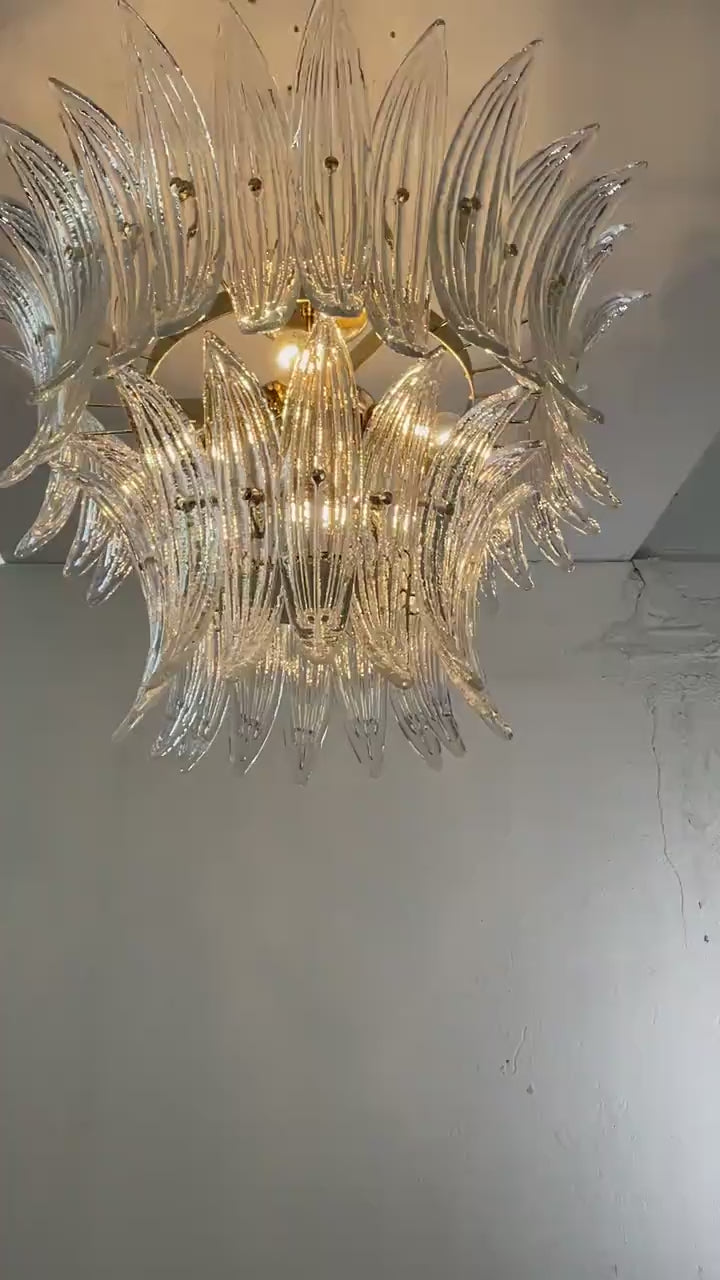 Handmade Murano Glass Palmette Chandelier, Italian Clear Ceiling Lamp, Venetian Design