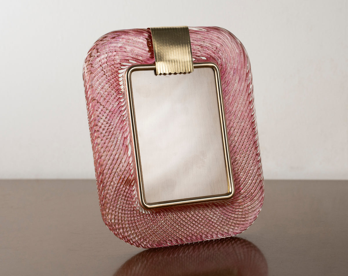 Ruby pink twisted Murano glass picture frame with brass band, 25x19 cm