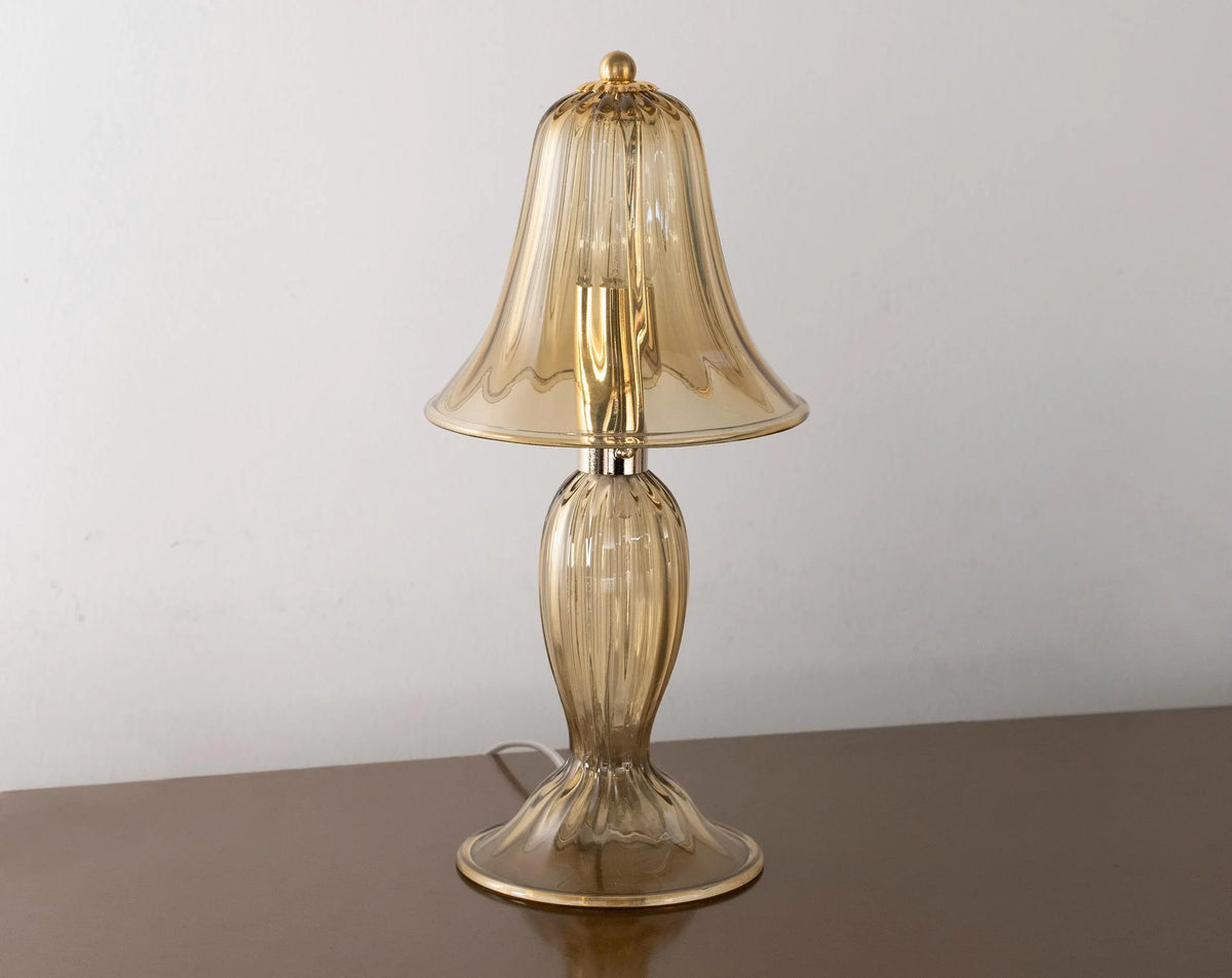 Single smoky Murano glass table lamp with ribbed bell shade, baluster stem and gold rim